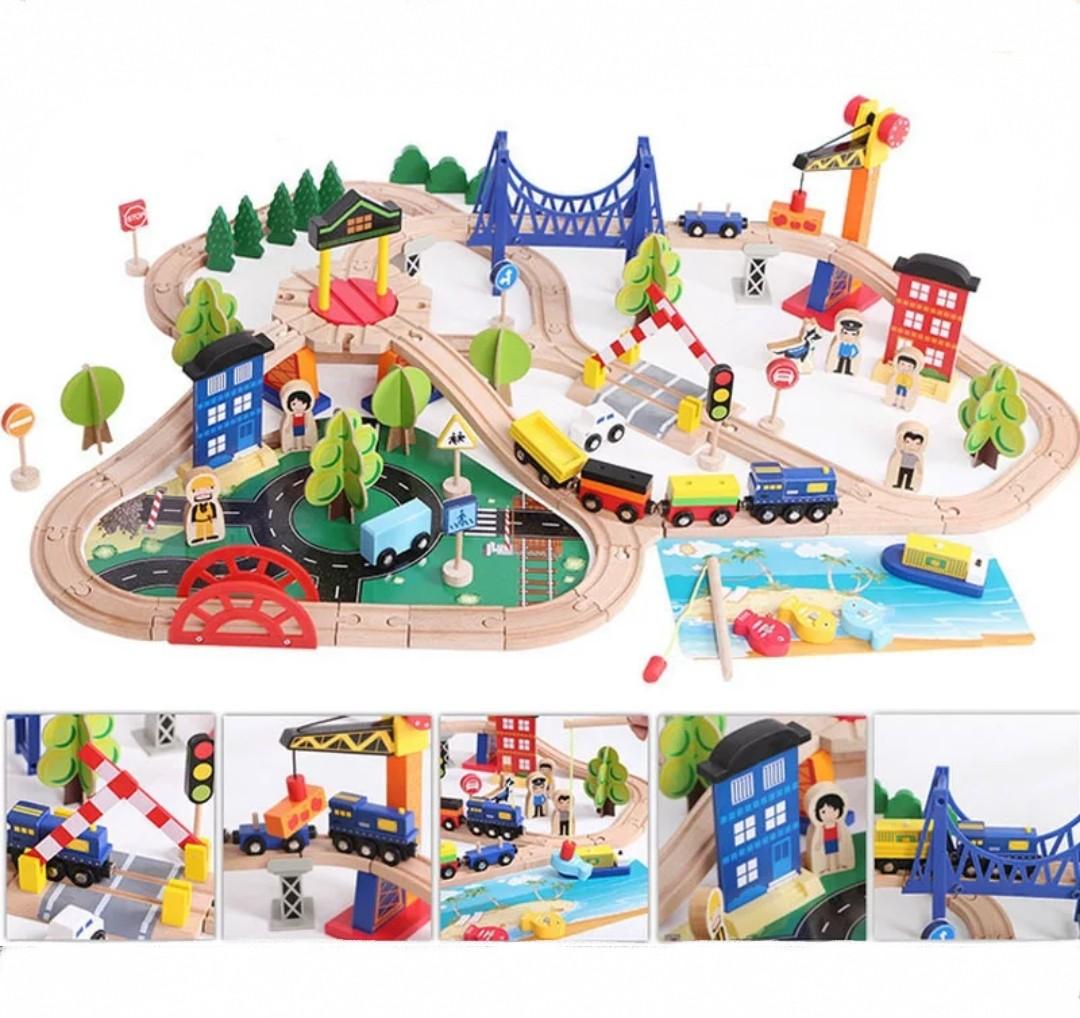 wooden train set buildings