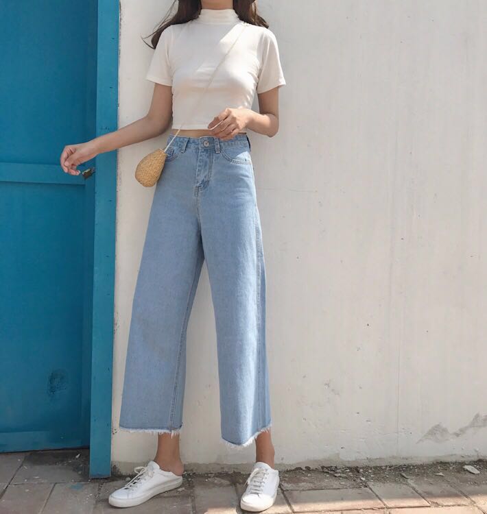 High Waisted Light Blue Jeans Wide Leg Women S Fashion Clothes Pants Jeans Shorts On Carousell