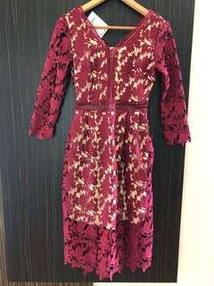 Full Lace Midi Sleeve and Length Maroon Dress