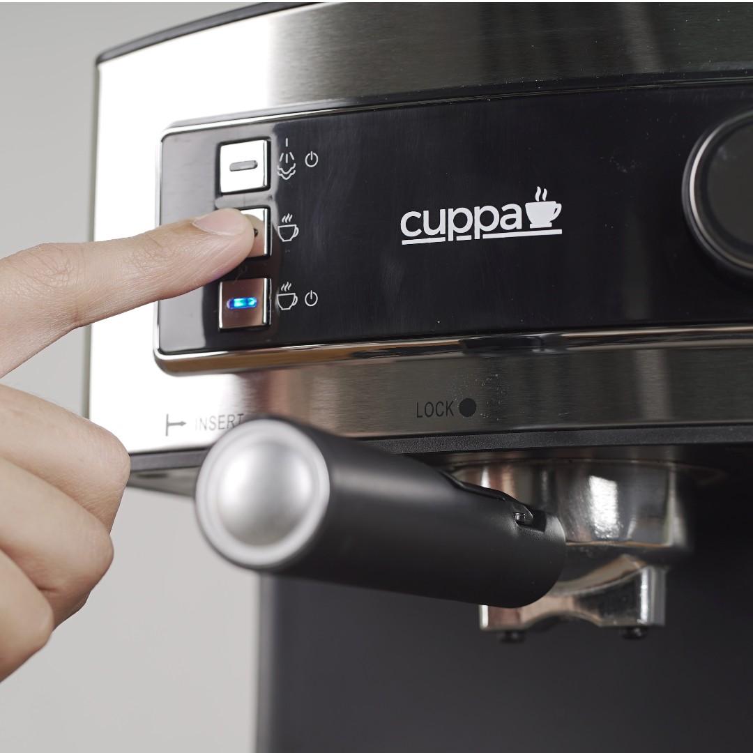 Cuppa CEM-101 20" Bar Personal Espresso Machine Coffee Maker (Category: Coffee Machines & Makers) located in Manila. Submitted by chaunceypepe (Listing ID 191227518, Image 1). Description: 20" bar pressure pump Detachable 1.6L water reservoir Equipped with milk frother/steam wand Intelligent temperature control 12 months warranty What's inside the box? 1. Cuppa Personal Espresso Machine Portafilter 2. 2-cup pressurized basket 3. Tamper 4. Stainle