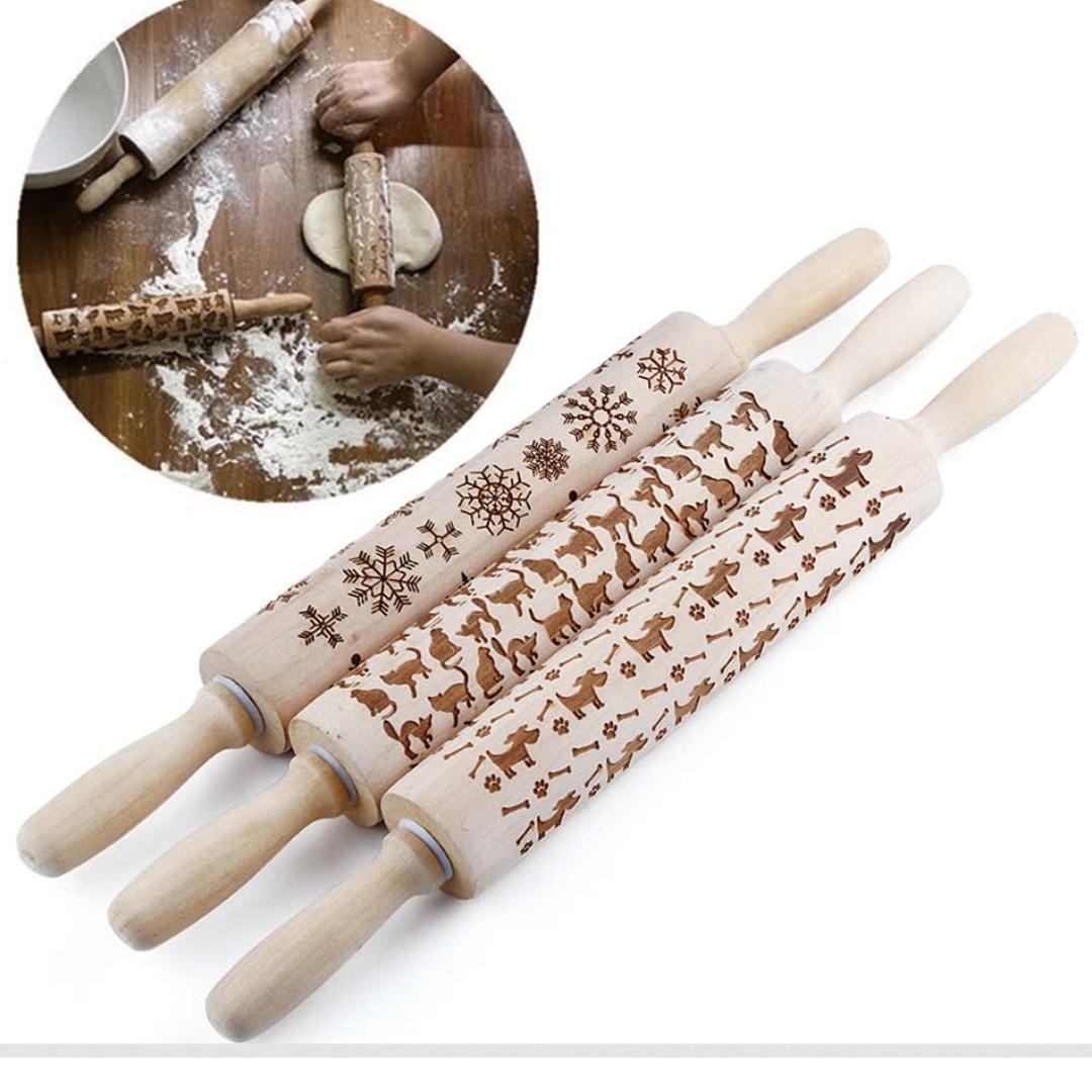 Pattern Wooden Embossing Rolling Pin Home Appliances Kitchenware