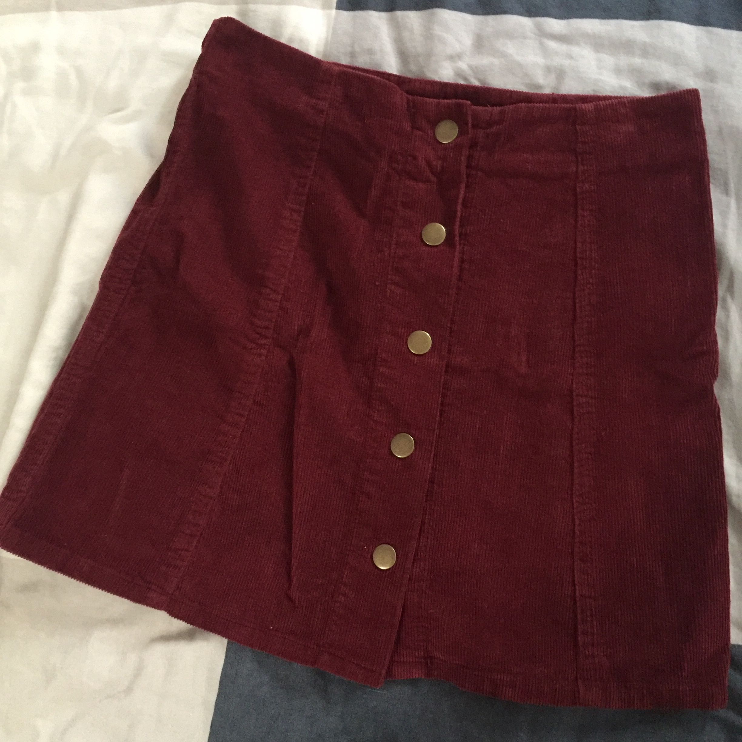 red corduroy button down skirt