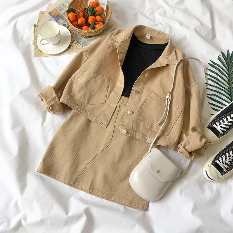 Two piece beige denim jacket and skirt 