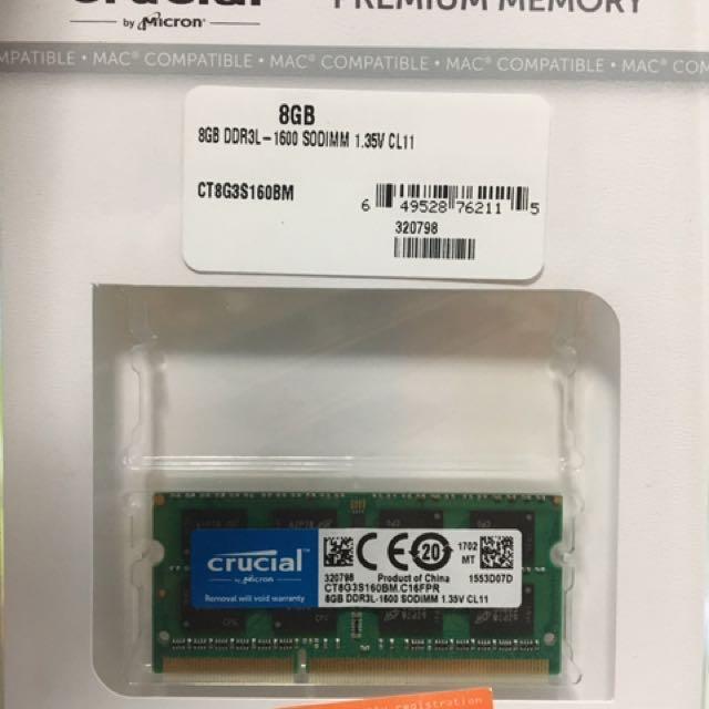 Bnib Crucial 8gb Ddr3l 1600mhz Sodimm 1 35v Cl11 Electronics Computer Parts Accessories On Carousell