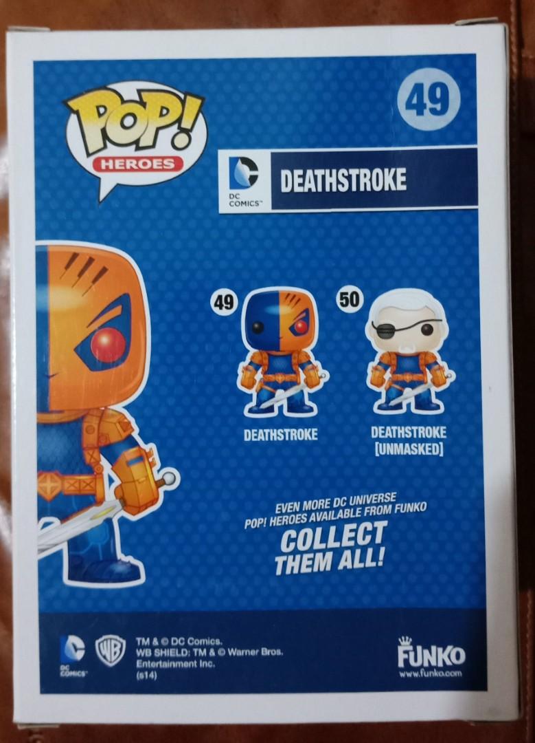 Funko Pop Deathstroke Metallic Edition (Category: Designer & Blind Box Toys) located in Pasig City. Submitted by flash0526 (Listing ID 191396986, Image 3). Description: Funko Pop Deathstroke PX Previews Exclusive Item itself has an attractive METALLIC paint (blue and orange), but it's box packaging is no longer perfect due to a small dent on the side, hence, the lower asking price than the prevailing higher market price. Reason for selling: focus