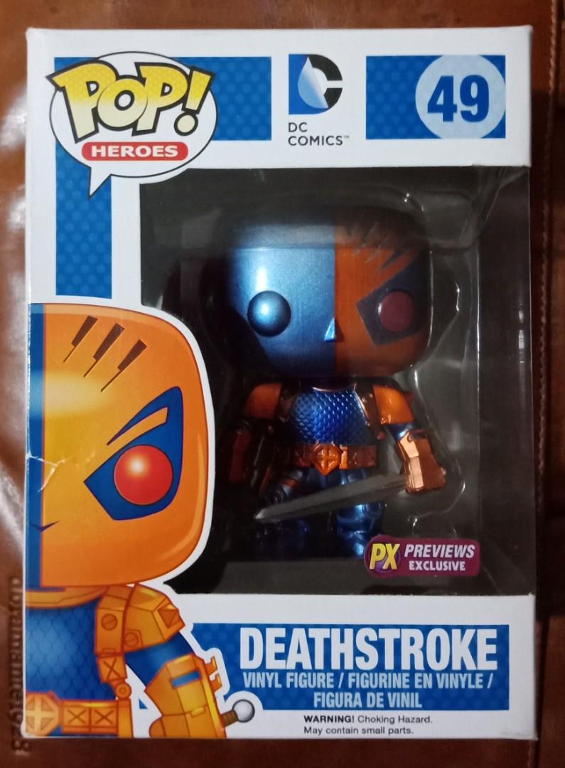 Funko Pop Deathstroke Metallic Edition (Category: Designer & Blind Box Toys) located in Pasig City. Submitted by flash0526 (Listing ID 191396986, Image 1). Description: Funko Pop Deathstroke PX Previews Exclusive Item itself has an attractive METALLIC paint (blue and orange), but it's box packaging is no longer perfect due to a small dent on the side, hence, the lower asking price than the prevailing higher market price. Reason for selling: focus