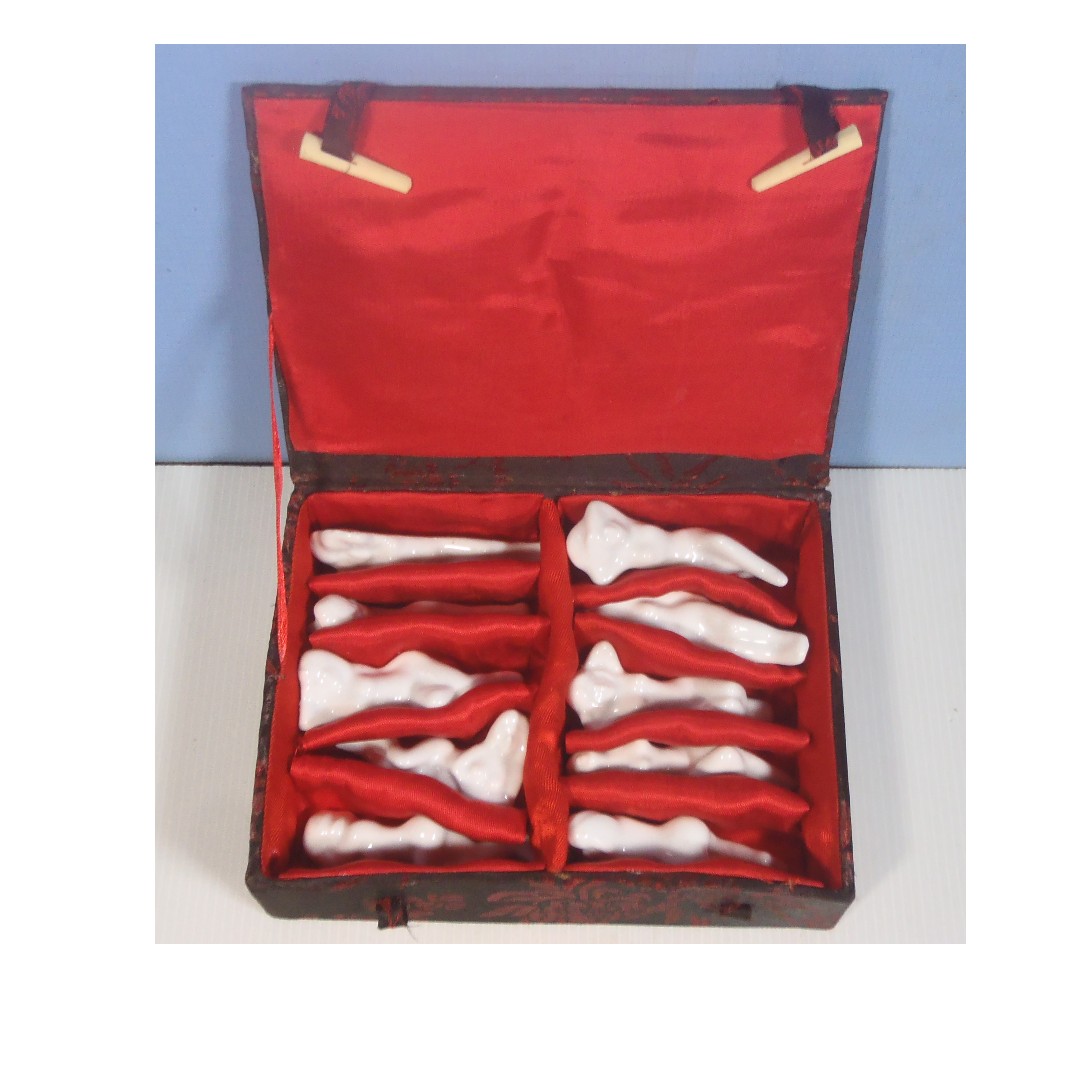 Vintage Chinese ceramic nude figurines set of 10 retired brocade box c