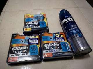 Gillette Fusion Proshield cartridges (Chill) + Gillette Series shave gel.