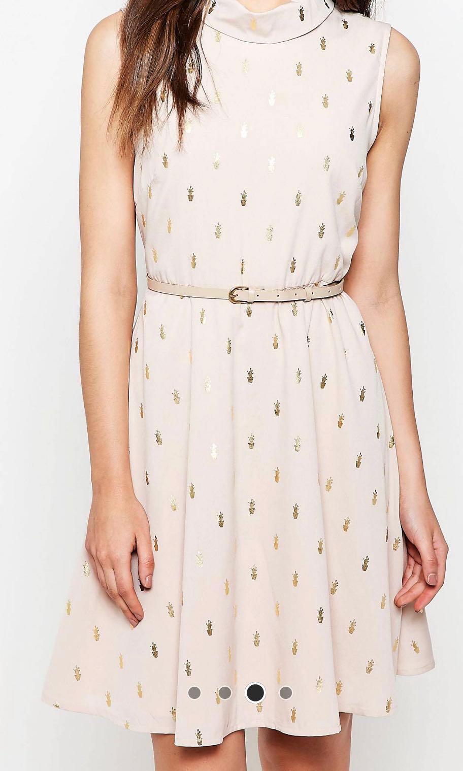 ASOS Yumi belted Skater Dress in Cactus Foil Print Women s Fashion Dresses Sets Dresses on Carousell