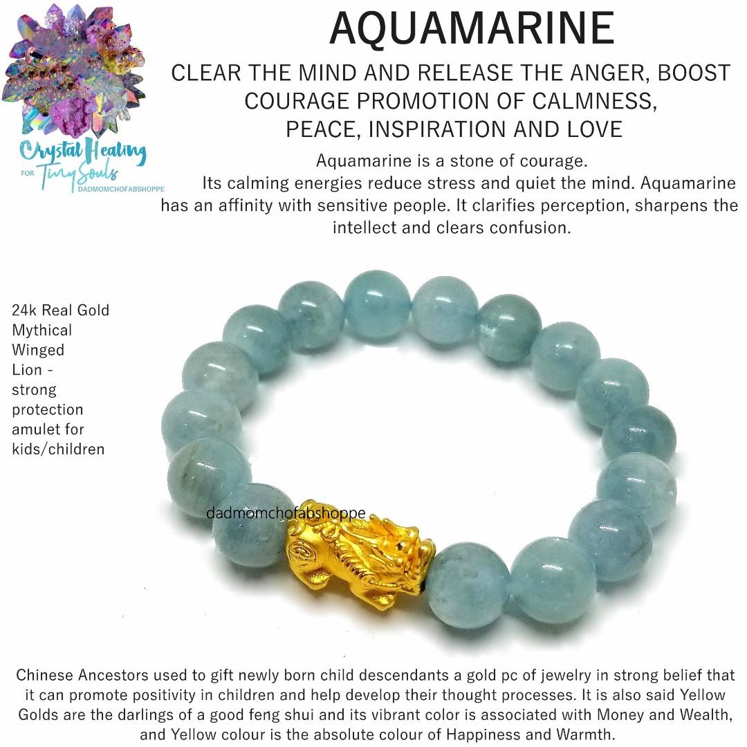 Feng Shui Kids Crystal W 24k Real Gold Charm Aquamarine Pi Yao