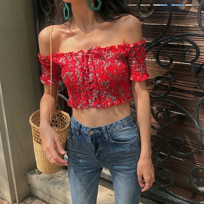 Red smocked off shop the shoulder top