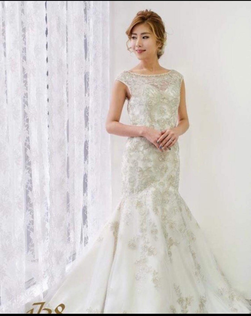 Pearl White Satin With Silver Embroidery Mermaid Gown Women S