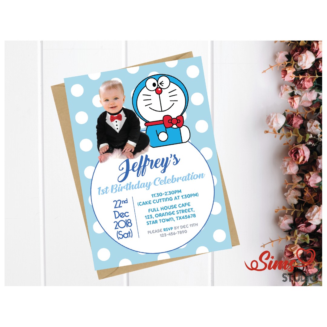 Personalized Doraemon Birthday Photo Invitation Doraemon Party Printable Photo Einvite Boy Or Girl First Birthday Invitation Doraemon Birthday Party Einvite Doraemon Invitation Card Printable Einvite With Photo Customization Design Craft Art
