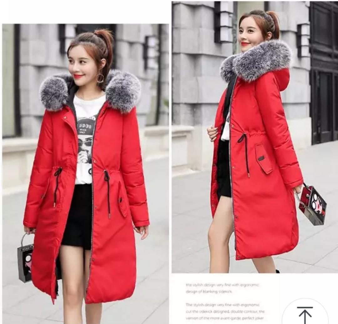 Red and shop black winter coat
