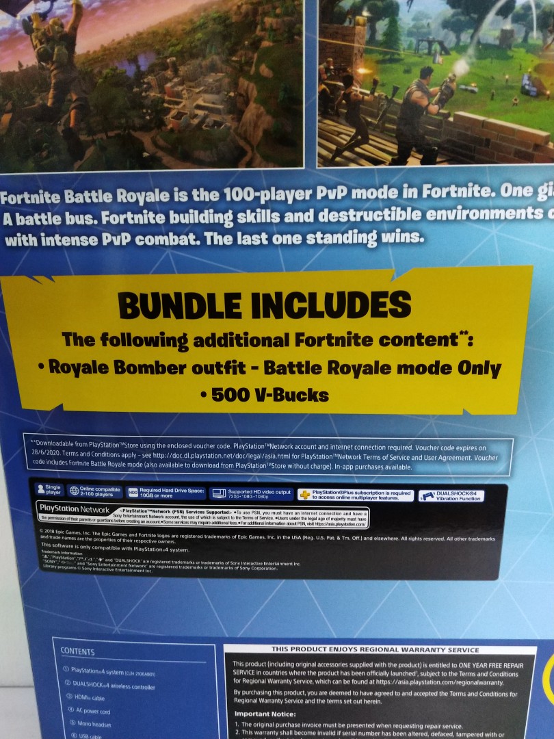 brand new ps4 slim 500gb console fortnite bundle pack with 1 year warranty 1 year extended warranty toys games video gaming consoles on carousell - fortnite terms of service