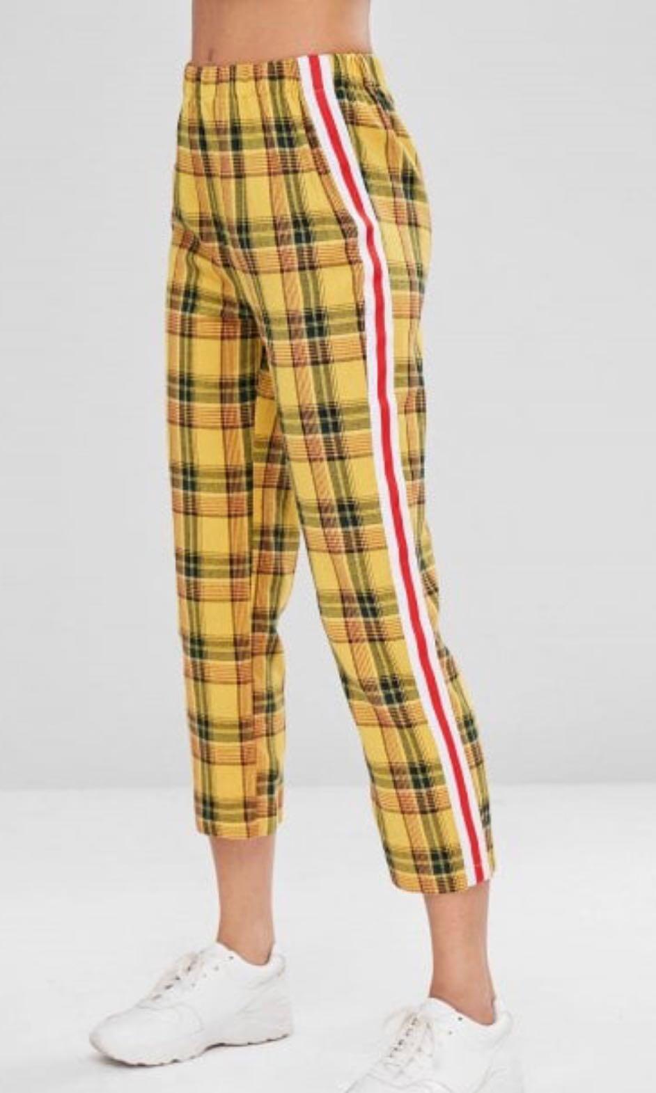 checkered yellow with red stripe pants