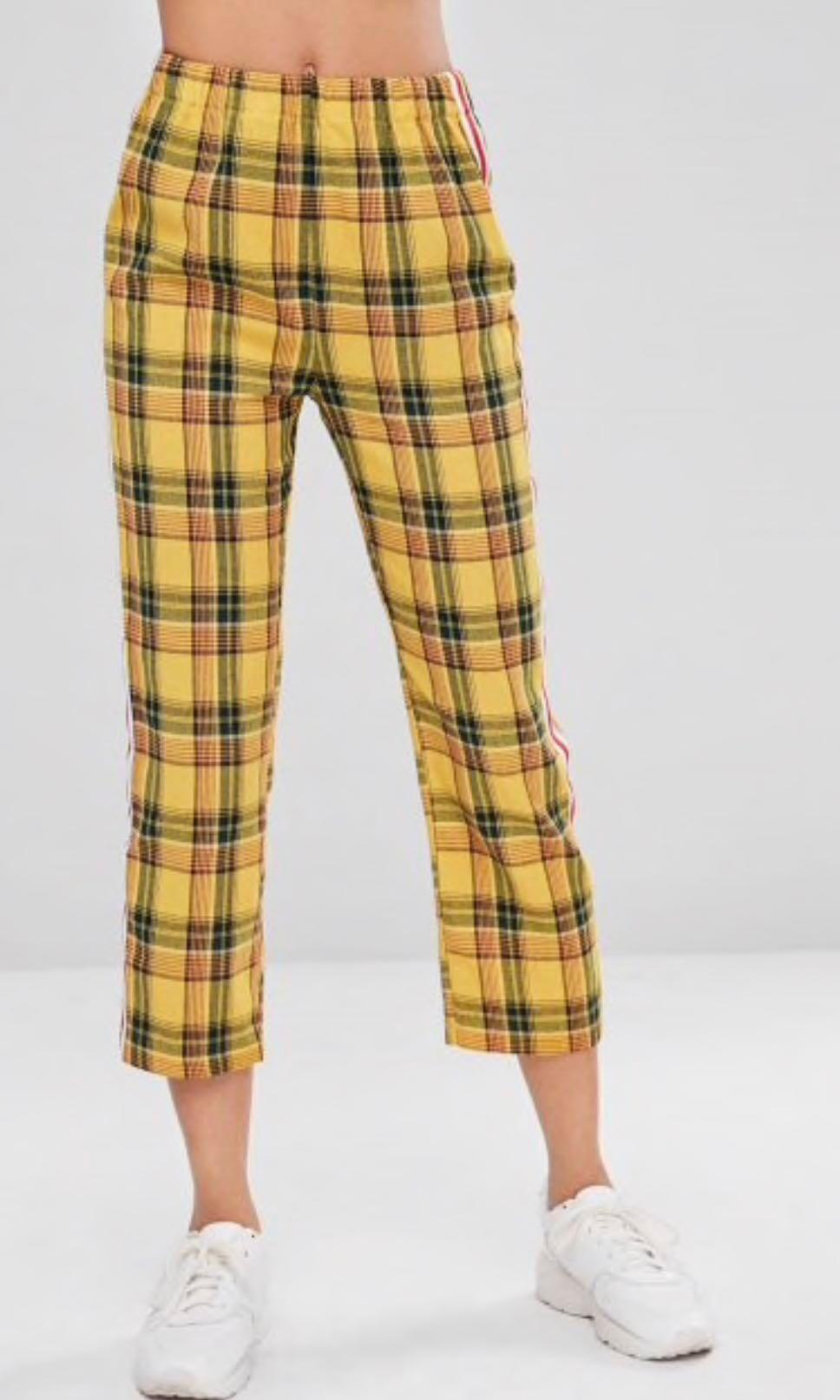checkered yellow with red stripe pants