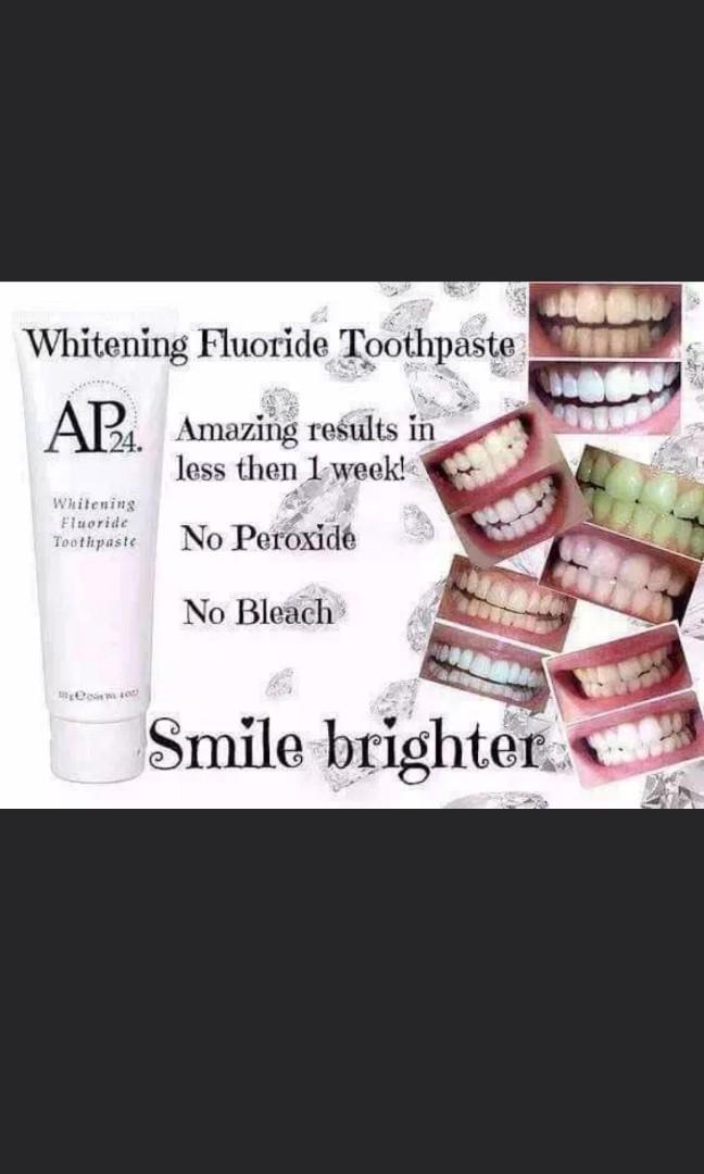 Nuskin ap24 Whitening toothpaste (Category: Body Care) located in Singapore. Submitted by vogueface (Listing ID 191644776, Image 3). Description: This cavity fighting formula helps fight plaque and freshens breath with vanilla mint flavoring. AP-24® Whitening FluorideToothpaste brightens teeth without peroxide while preventing cavitie sand plaque formation. Size: 110g 👍antiplaque 👍help sensitive gum less bleeding. 👍prevents further staining fr