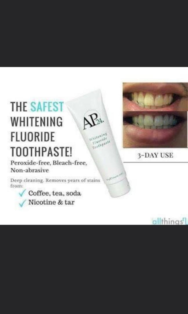Nuskin ap24 Whitening toothpaste (Category: Body Care) located in Singapore. Submitted by vogueface (Listing ID 191644776, Image 1). Description: This cavity fighting formula helps fight plaque and freshens breath with vanilla mint flavoring. AP-24® Whitening FluorideToothpaste brightens teeth without peroxide while preventing cavitie sand plaque formation. Size: 110g 👍antiplaque 👍help sensitive gum less bleeding. 👍prevents further staining fr