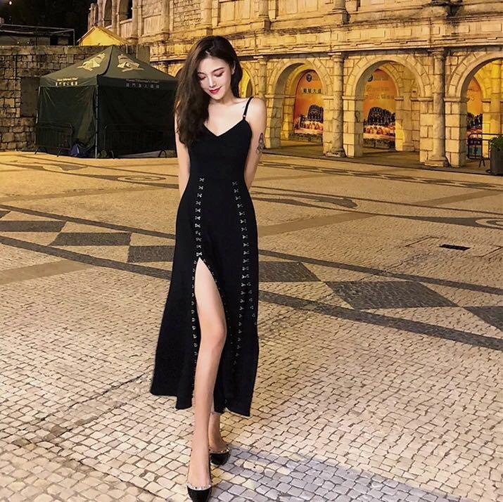 Front slit deals black dress