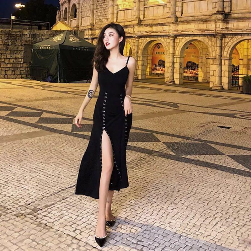 Black front slit dress discount