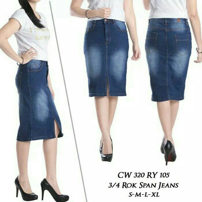 Rok Jeans 3/4 Denim Skirt, Fesyen Wanita, Pakaian Wanita, Gaun