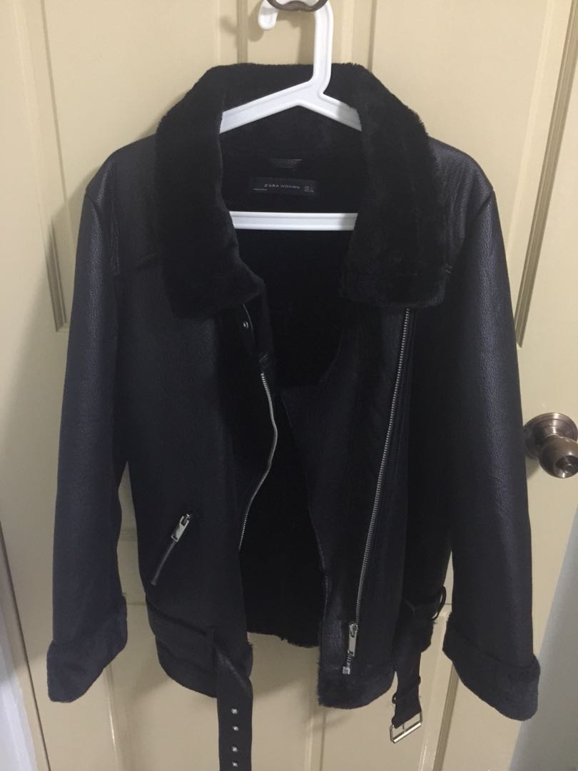 Zara Leather Jacket Faux Fur Collar Women s Fashion Coats