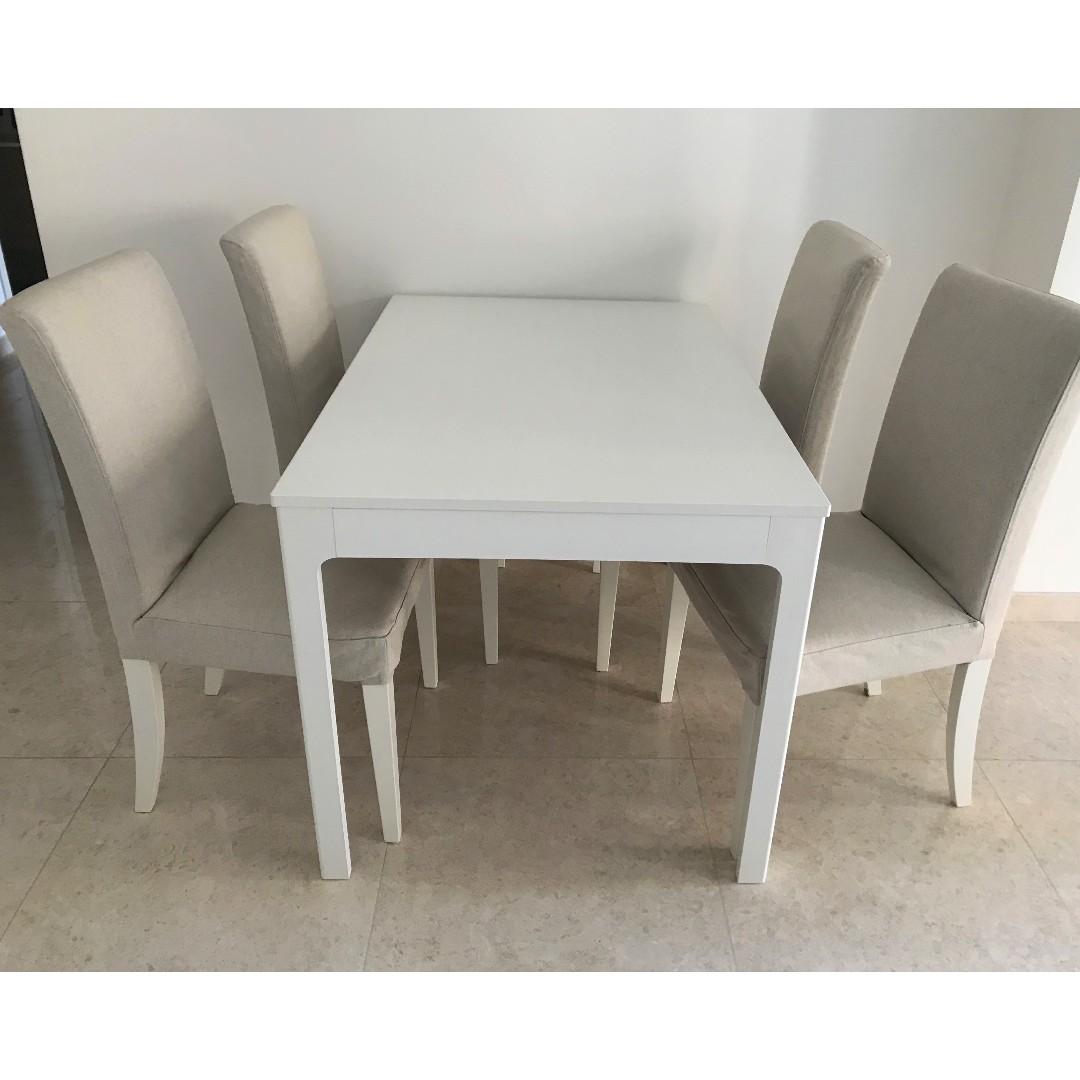 Extendable IKEA table + 4 chairs (white/beige) *Dining set*, Furniture