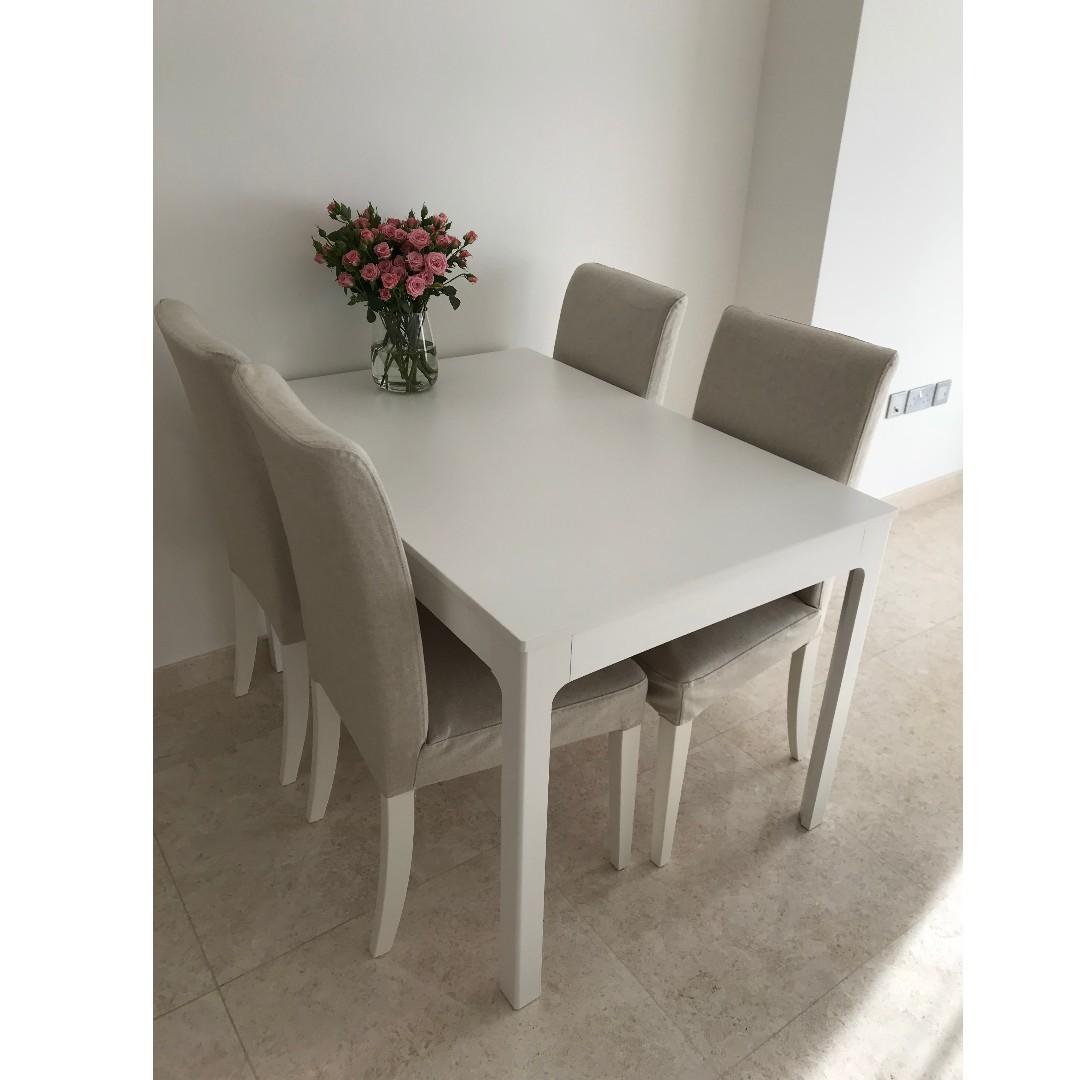 Extendable IKEA table + 4 chairs (white/beige) *Dining set*, Furniture