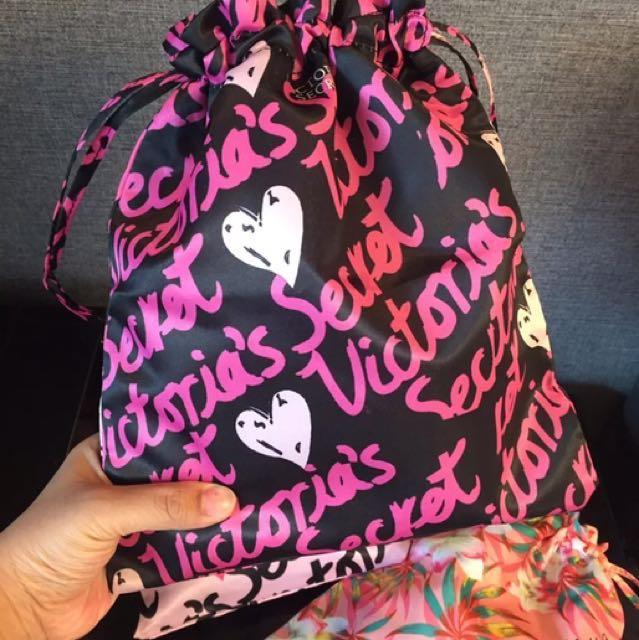 Victoria Secret Black Pink Drawstring String Pouch