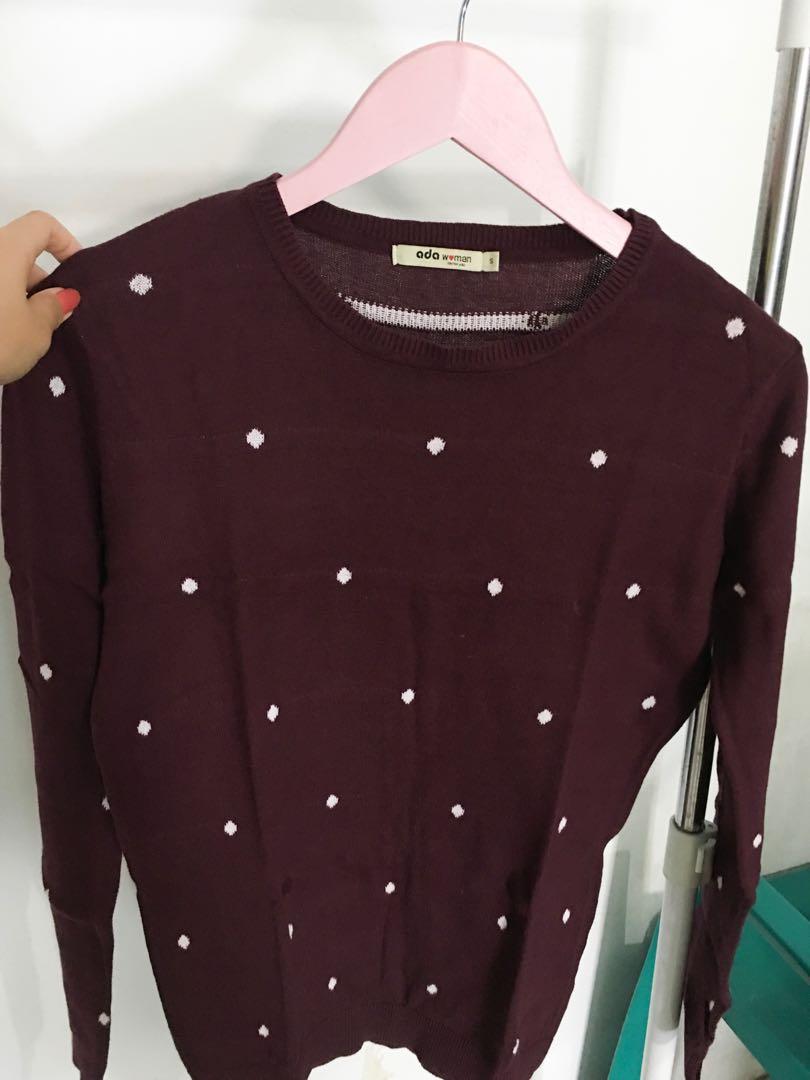 Baju Atasan Rajut Lengan Panjang Polkadot Maroon Fesyen Wanita Pakaian Wanita Atasan Di Carousell