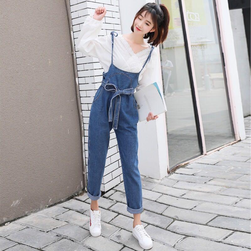 Denim Blue Coloured Ribbon Tie Korean Style Overall Jumpsuit