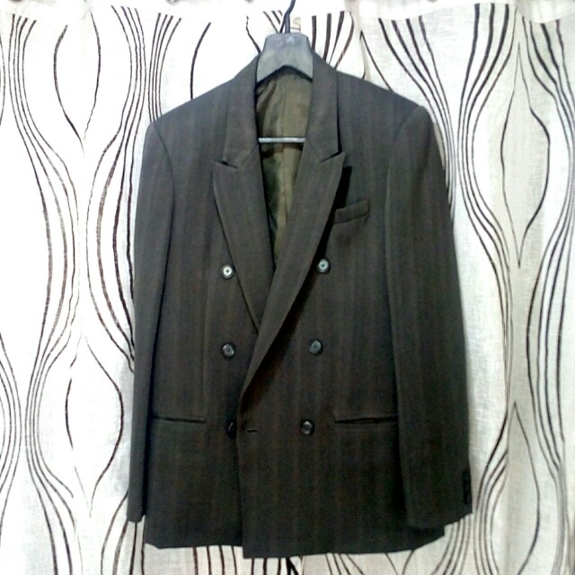 Tailored Double-breasted Suit (Category: Coats, Jackets and Outerwear) located in Mandaluyong City. Submitted by bargainhauz (Listing ID 143120889, Image 2). Description: Master tailored by Daneche (w/out trousers) Like new condition Color- charcoal gray/slightly army greenish (camera can't capture its true color) Fits small to medium size Measurements: Shoulders- 16.5" Sleeves- 21" long Chest (armpit to armpit)- 20" Length (back)- 29" For pick u