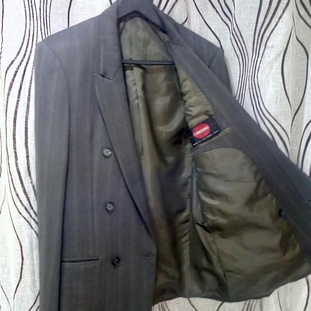 Tailored Double-breasted Suit (Category: Coats, Jackets and Outerwear) located in Mandaluyong City. Submitted by bargainhauz (Listing ID 143120889, Image 3). Description: Master tailored by Daneche (w/out trousers) Like new condition Color- charcoal gray/slightly army greenish (camera can't capture its true color) Fits small to medium size Measurements: Shoulders- 16.5" Sleeves- 21" long Chest (armpit to armpit)- 20" Length (back)- 29" For pick u