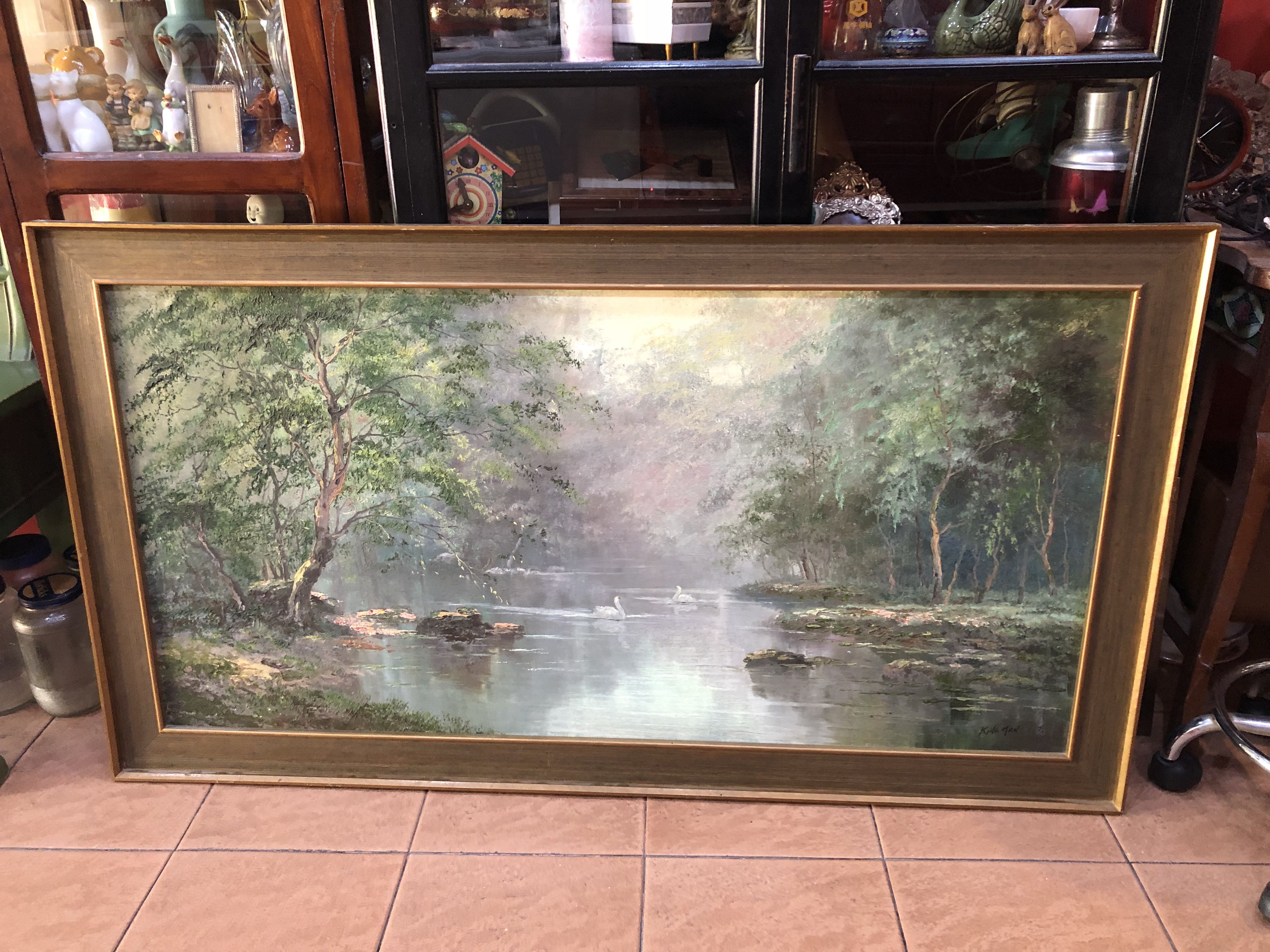 Vintage Large Oil Painting Of Landscape On Wooden Board Vintage