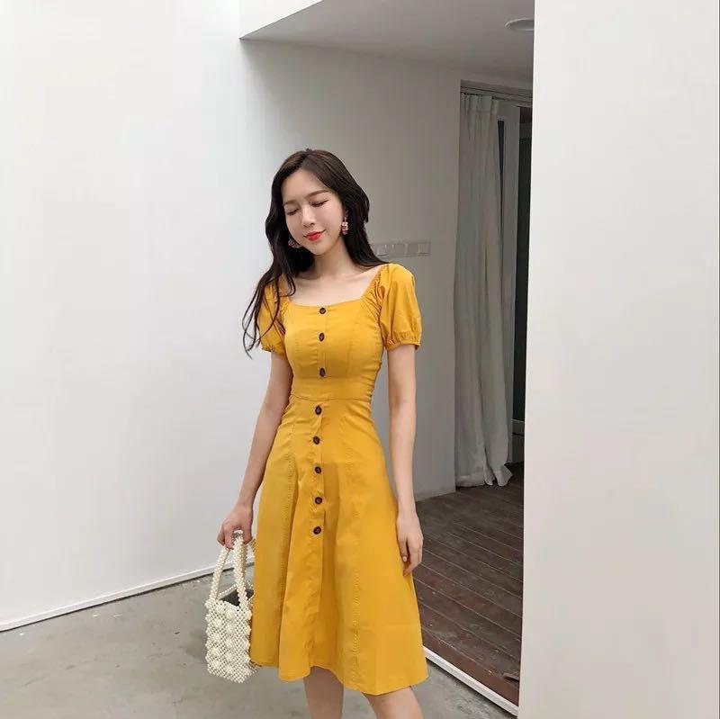 yellow button midi dress