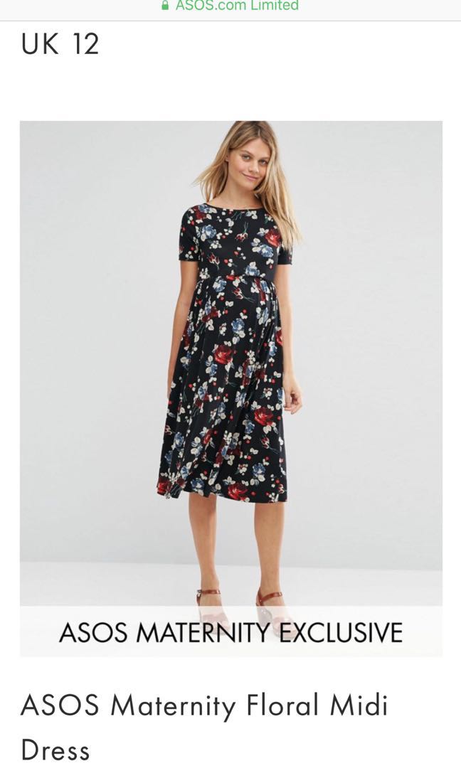 Asos Maternity Floral Midi Dress Black Base Floral Uk12 Babies