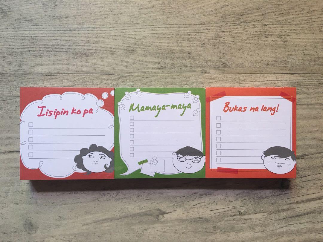 Pasaway Memo Pads - set of 3 (Category: Stationery & School Supplies) located in Paranaque City. Submitted by shop.of.gyla (Listing ID 192083071, Image 1). Description: 3 pieces of Memo Pads/Checklist Designs: 🔹 Iisipin ko pa (red) 🔹 Mamaya-maya (green) 🔹 Bukas na lang! (orange).