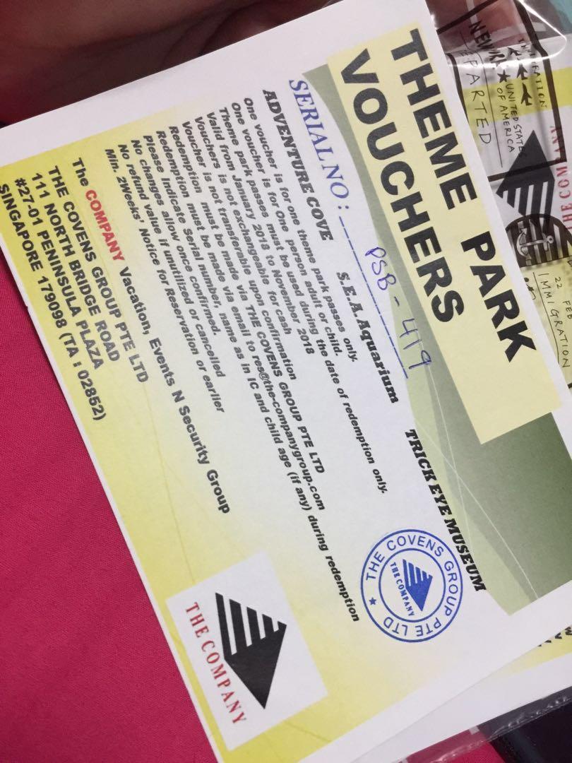 Sentosa theme park voucher; Adventure Cove, SEA Aquarium, Trick Eye
