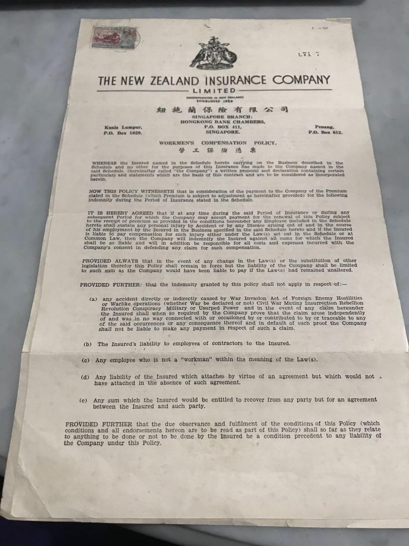 1962 Insurance Document Issued by the Singapore Branch if The New