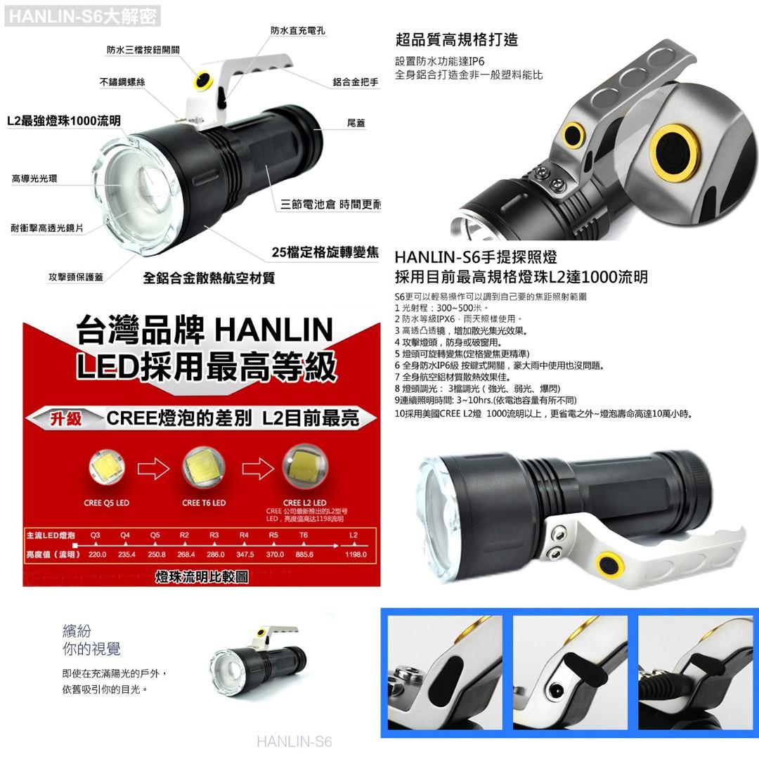 HANLIN-S6 手提L2強光探照燈伸縮變焦LED手電筒工作燈贈3顆18650電池+充電器/巡邏/夜遊/露營/釣魚, 家具及居家用品, 安全及門鎖,  安全系統及閉路電視在旋轉拍賣