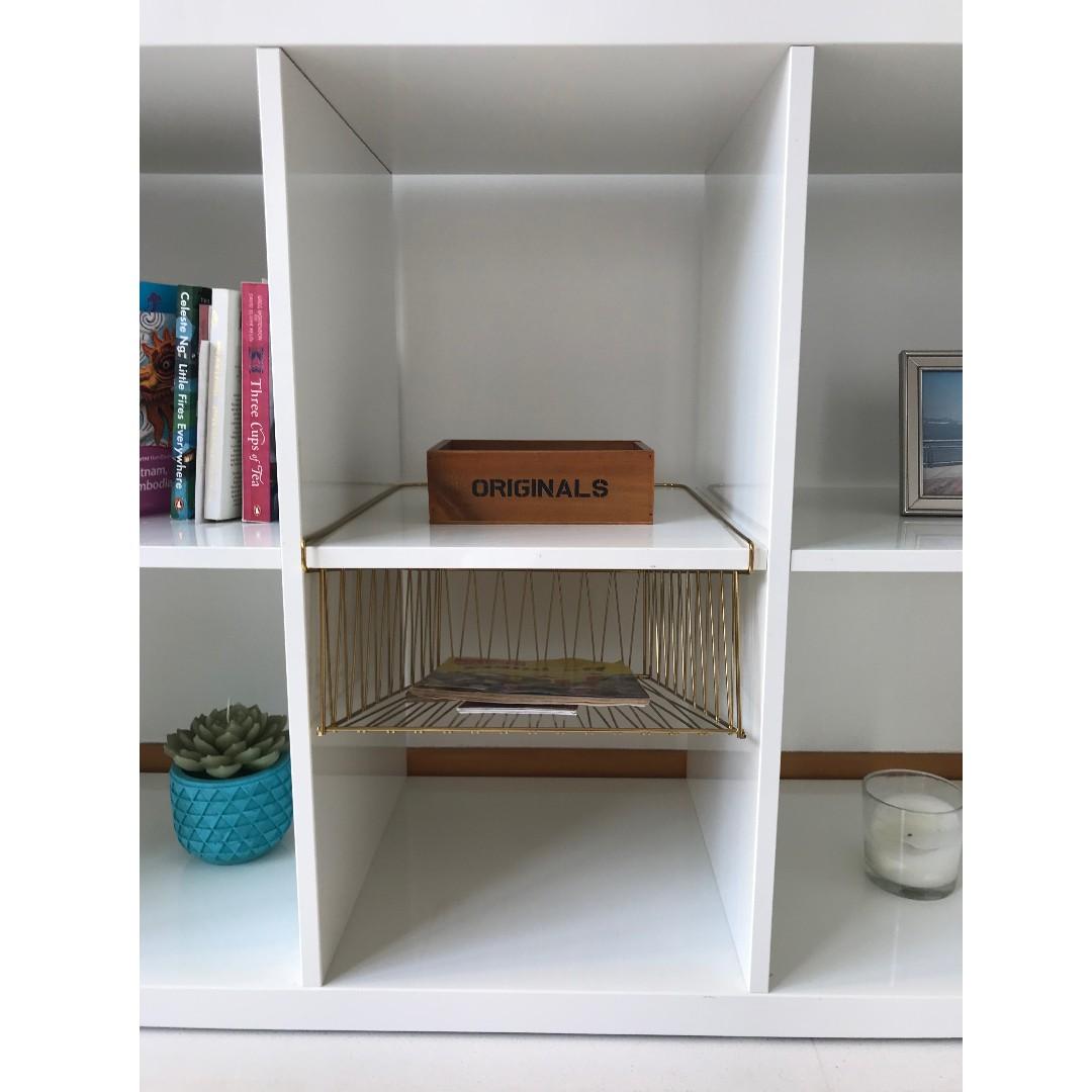 Ikea White Kallax Shelving Unit with wire basket, Furniture, Shelves