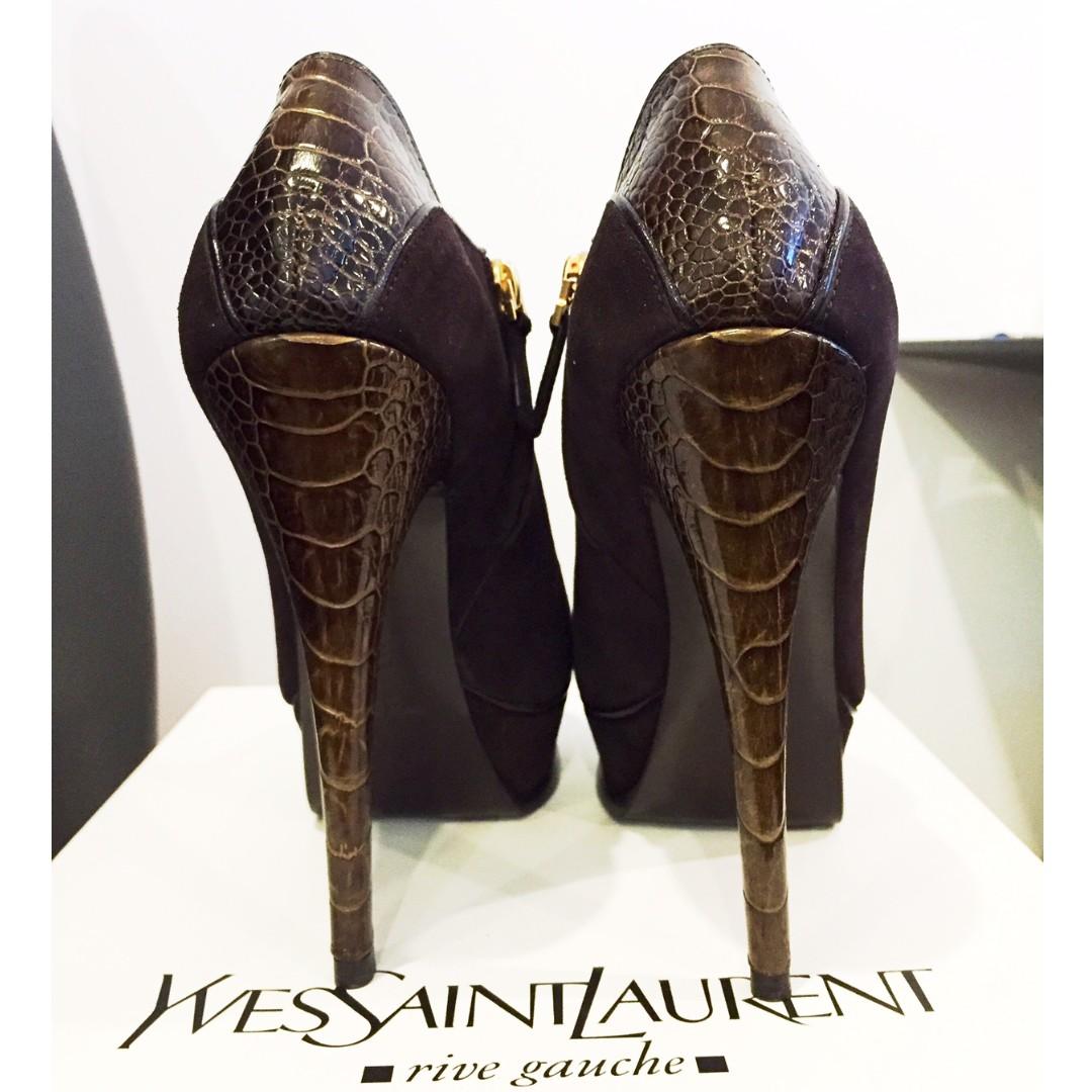 100 Authentic New Yves Saint Laurent YSL brown suede Tribute boots booties heels with ostrich leg heel EUR36.5 UK3.5
