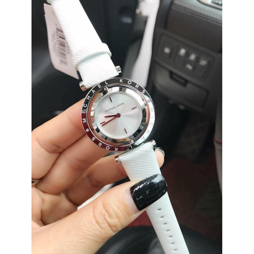 Michael Kors Averi Silver Dial White Leather Strap Watch for Women - MK2524