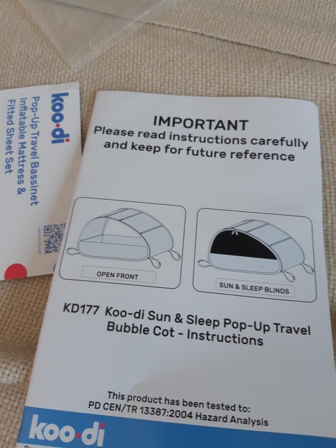 Koo Di Sun and Sleep Travel Bubble Cot and matress Babies Kids