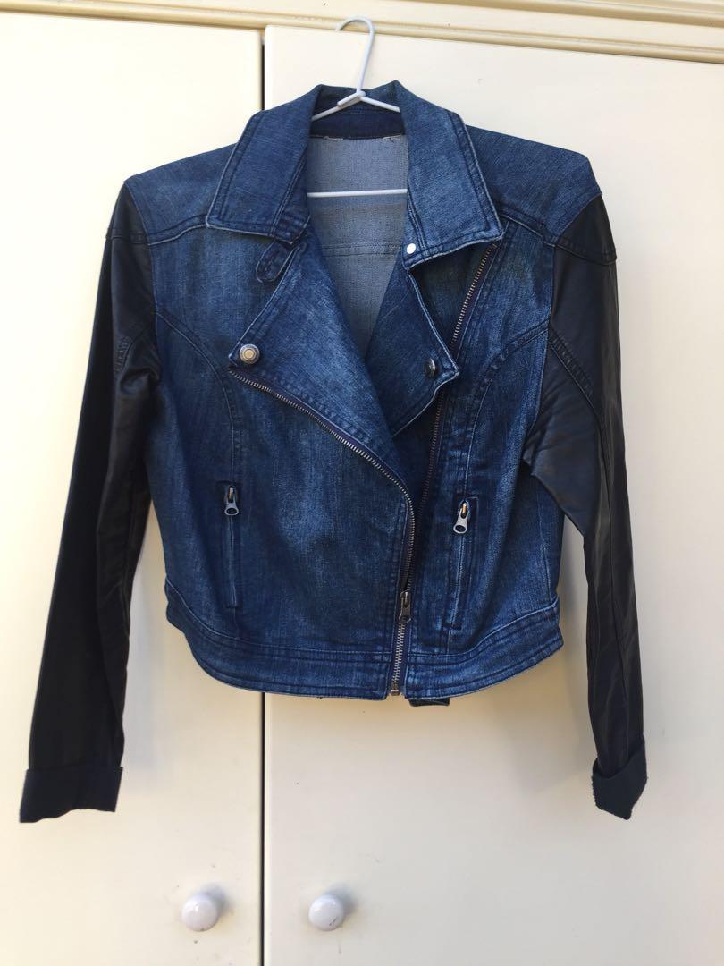 denim jacket with leather sleeves women's