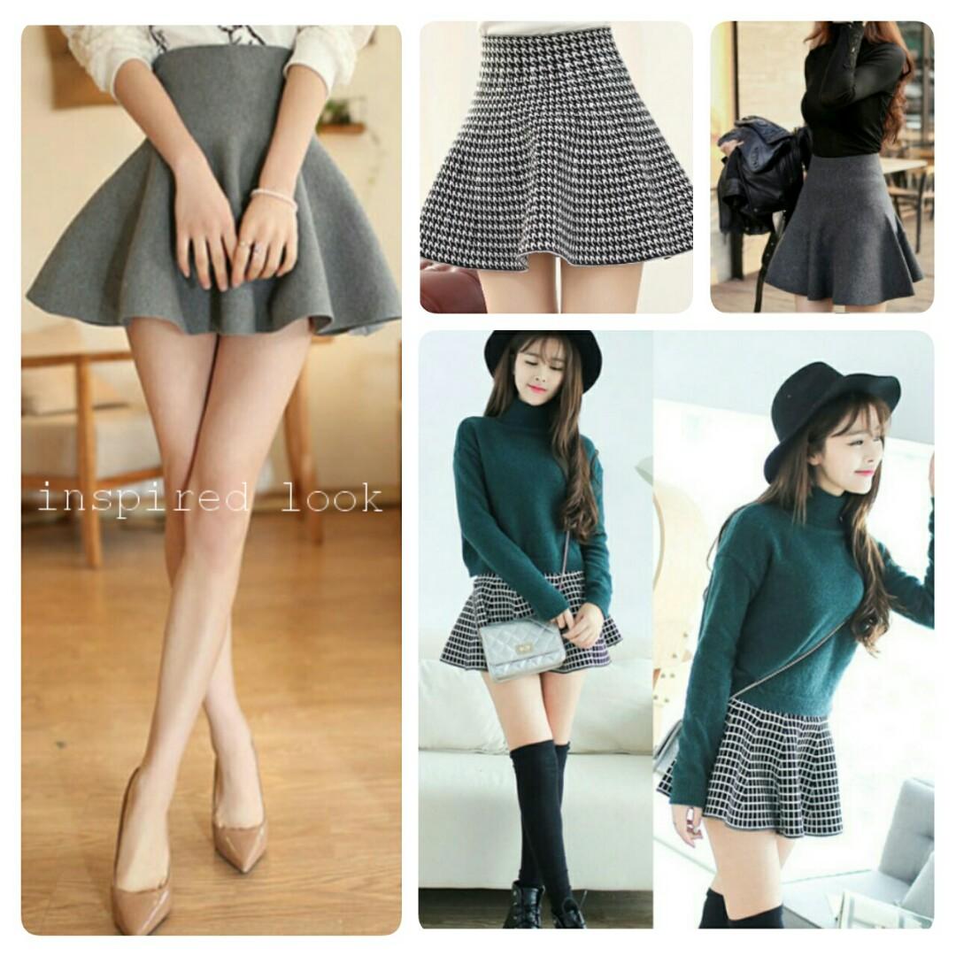 new girly korean thick printed knitted skater skirt Women s