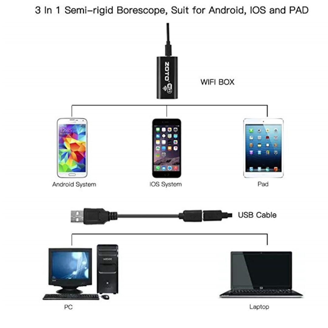 ZOTO WiFi Endoscope, Wireless Borescope SemiRigid Inspection Camera 8