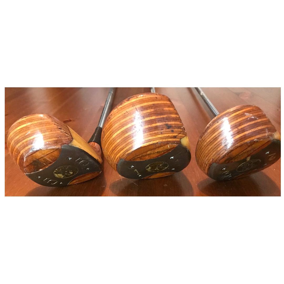 GOLF CLUB “WOODEN” DRIVER, 3 & 5 WOODS 3 VINTAGE ALDRIDGE PINSEEKER HB