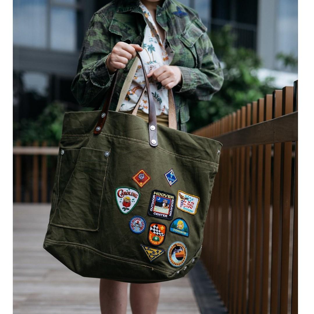 Repurposed Olive Tote Bag with Patches